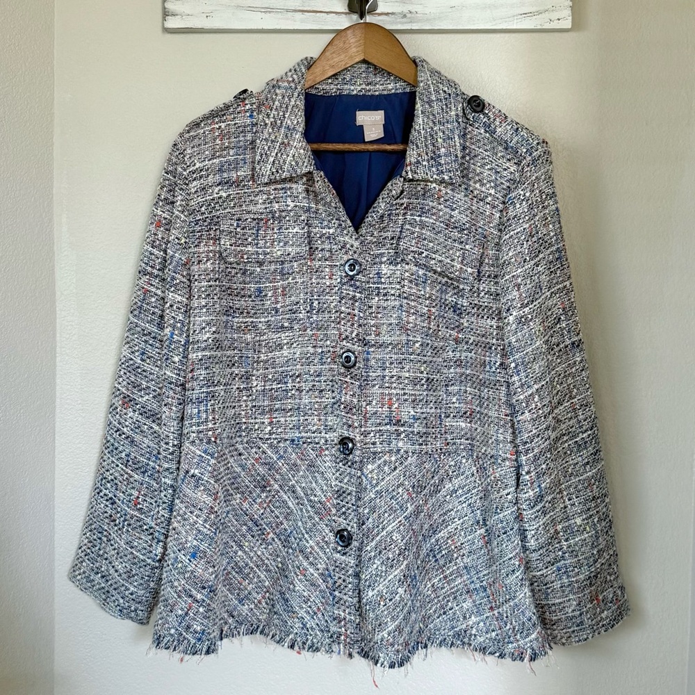 CHICO’S 3 / XL 16 18 Tweed Peplum Fringe Trim Jacket Blazer - Picture 3 of 12